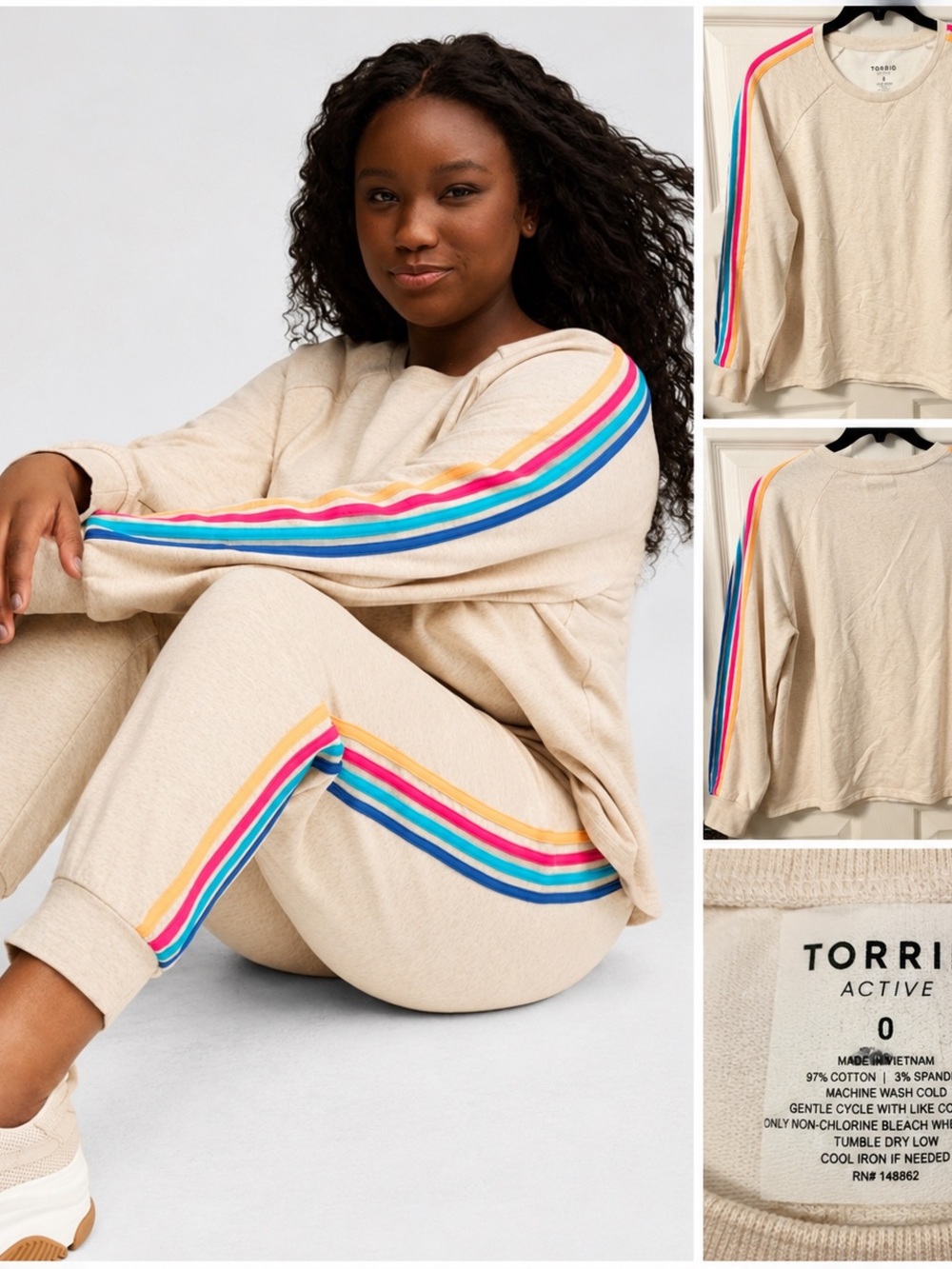 SET Torrid Cream Track Joggers with Rainbow Side Stripes & Sweatshirt (2pc SET